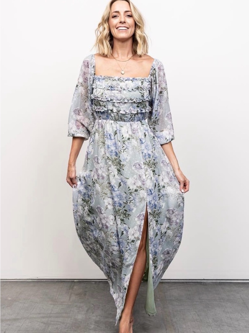 Baltic Born, Brand New, Floral Square-Neck Maxi Dress in Light Blue